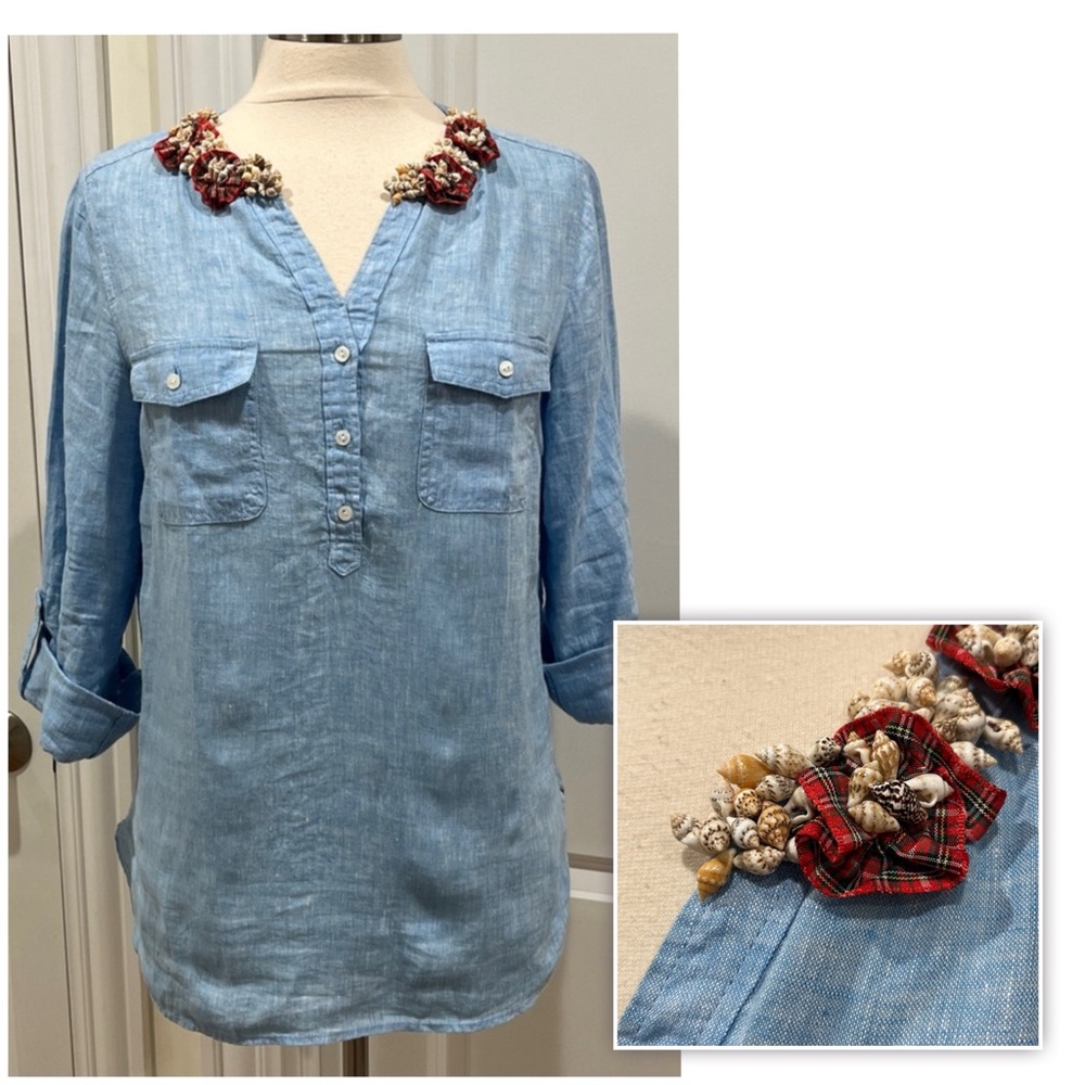 Talbots 100%‎ Linen Top Seashells Plaid (Flaws-read description)